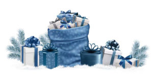 Christmas background with a winter landscape and blue sack full of presents. Vector.